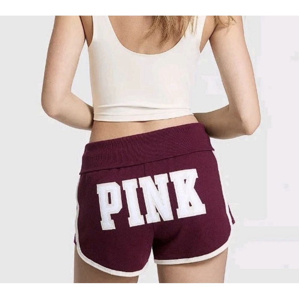VICTORIA'S SECRET PINK Campus Terry Foldover Shorts Wild Rose White Logo M Y2K